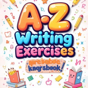 Op de afbeelding: Een kleurrijke boekomslag met de titel "A-Z Writing Exercises". Het ontwerp bevat grote, bubbelachtige letters, potloden en andere speelse illustraties. Het boek is bedoeld voor educatieve doeleinden.