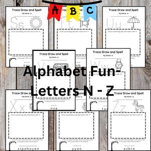 Alfabeto imprimible N - Z / Reconocimiento de letras, coloración y juego del ahorcado para niños / Descarga instantánea /