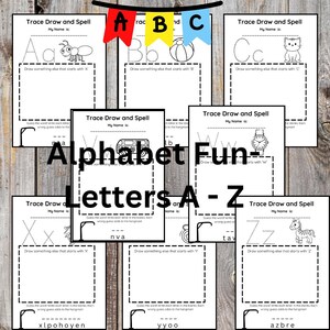 Paquete de alfabeto imprimible de la A a la Z / Reconocimiento de letras, coloración y juego del ahorcado para niños / Descarga instantánea /