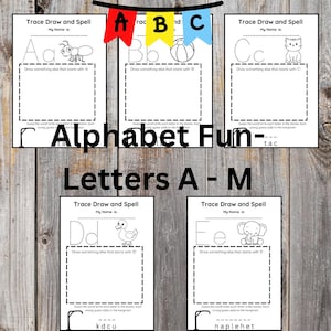 Alfabeto imprimible de la A a la M / Reconocimiento de letras para niños, coloración y juego del ahorcado / Descarga instantánea /