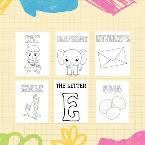 May include: Black and white coloring page with six different images, each with the word "E" or a word starting with the letter "E". The images include an elephant, an eagle, an envelope, eggs, a boy eating, and the letter "E".