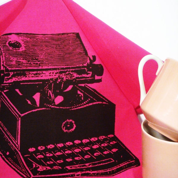 Antique Typewriter- Tea Towel- Black on BRIGHT PINK