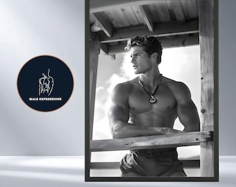 May include: Black and white framed print featuring a muscular person leaning on a wooden structure, with a necklace. The print has the text "Instant Download" at the bottom. A circular logo with the text "MALE EXPRESSIONS" is on the left.