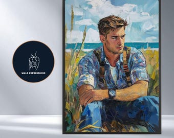 May include: A framed art print featuring a portrait of a man in a blue plaid shirt and jeans, seated in tall grass. The artwork has a painterly style with visible brushstrokes. The print includes the text "Instant Download" at the bottom.