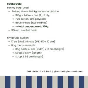 May include: Text-based image with crochet bag details. Includes yarn type, hook size, and bag measurements: 41 cm (width) x 31 cm (height), strap 1: 31 cm, strap 2: 95 cm. The text also mentions the bag's name and the creator's social media handle.