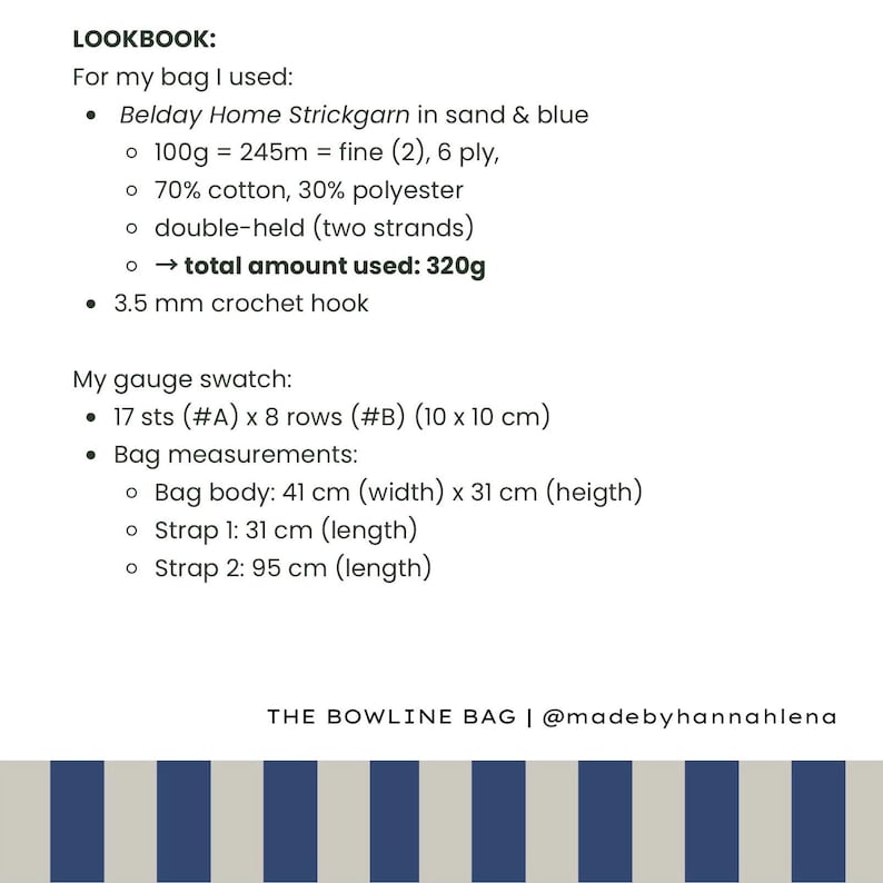 May include: Text-based image with crochet bag details. Includes yarn type, hook size, and bag measurements: 41 cm (width) x 31 cm (height), strap 1: 31 cm, strap 2: 95 cm. The text also mentions the bag's name and the creator's social media handle.