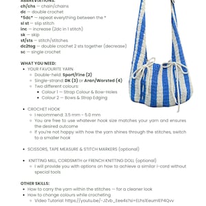 May include: A crocheted tote bag with blue and white vertical stripes. The bag has a drawstring closure and a long strap. The image also includes crochet pattern instructions, abbreviations, and yarn recommendations.