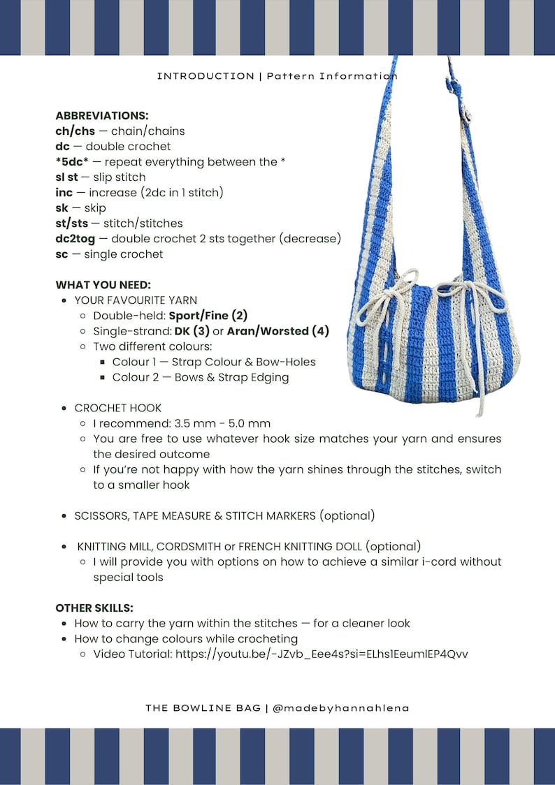 May include: A crocheted tote bag with blue and white vertical stripes. The bag has a drawstring closure and a long strap. The image also includes crochet pattern instructions, abbreviations, and yarn recommendations.