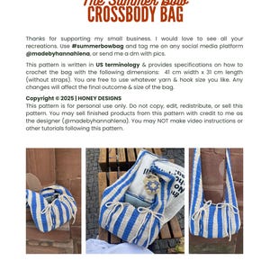 May include: The Summer Bow Crossbody Bag pattern information. The pattern provides specifications on how to crochet the bag with the following dimensions: 16 inches wide x 12 inches long (without straps). The image shows the finished bag in blue and white stripes.