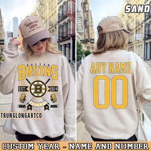 Gepersonaliseerde naam en nummer Boston Bruins-sweatshirt, Boston Bruins-ronde hals, Boston Hockey-shirt, hockey-T-shirt, hockeynummer