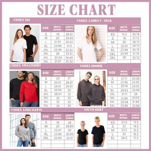 May include: Size chart for unisex t-shirts, sweatshirts, hoodies, and long-sleeve shirts. The chart includes measurements for width and length in inches for sizes XS, S, M, L, XL, 2XL, 3XL, 4XL, and 5XL. There is also a size chart for youth shirts with measurements in inches for sizes XS, S, M, L, and XL.