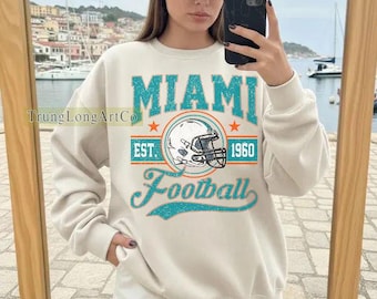 Sudadera estilo vintage de Miami Football, camiseta de fútbol, camiseta de cuello redondo de Miami Football, camiseta de fútbol americano para el día del partido