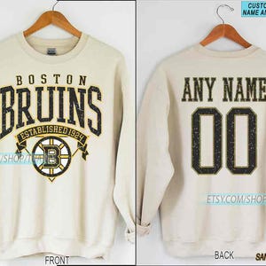 Gepersonaliseerd Boston Hockey-sweater, Boston Bruins-ronde hals, Boston Hockey-shirt, aangepast hockeyshirt, shirt hockeynummer
