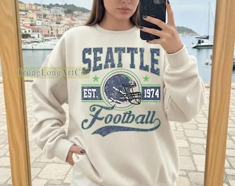 Sudadera estilo vintage de Seattle Football, camiseta de fútbol, camiseta de cuello redondo de Seattle Football, camiseta de fútbol americano para el día del partido