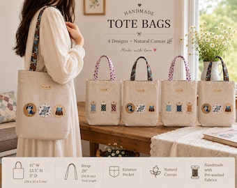 Handmade Linen Tote Bag, Applique Everyday Carryall, Small Fabric Tote