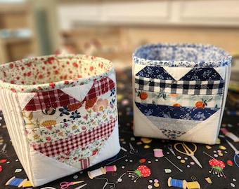 Heart Patchwork Quilted Storage Basket – Fabric Bin for Sewing Room & Home
