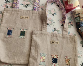 Linen Tote Bag Featuring Unique Spool Embellishment – Casual Everyday Bag