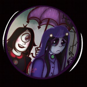 May include: Illustration of two cartoon figures in a purple-framed circle. One figure smiles, wearing a black dress with a red collar. The other figure, in a purple hooded cloak, holds a purple umbrella. Rain falls in the background.