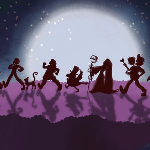 May include: A whimsical illustration depicts silhouettes of various figures against a night sky with a full moon and stars. The figures include people, a cat, and a witch, creating a fantasy or Halloween theme.