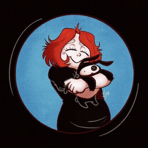 May include: Illustration of a person with red hair and freckles hugging a black stuffed bunny with a button eye and crossbones. The image is set against a blue circle and a black background.