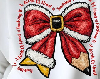 Yarn Crochet Teacher PNG, Latch Hook Christmas Coquette Bow PNG, Merry Teacher Png, Teacher Faux Yarn Xmas PNG, Christmas Pencil Bow png