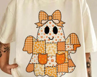 Preppy patchwork-spook png, Halloween-spook met strik png, herfst spookachtig png, bloemen spook-patchwork png, preppy halloween png, herfstpompoen png