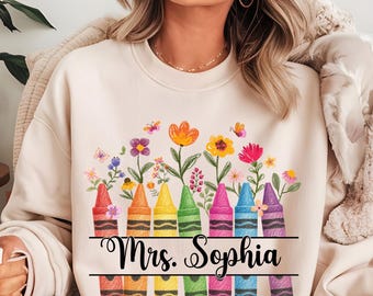 Personalized Teacher Crayon PNG, Back To School Teacher Sublimation Design, Boho Floral Teacher Png,Teacher Pencil Bow Png,Personalized Gift