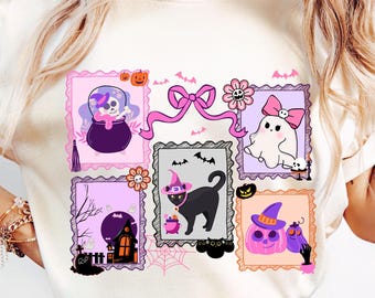 Cute Halloween Stamp PNG, Kawaii Spooky Ghost Cat Pumpkin Png, Pastel Witch Sublimation, Halloween Shirt Design, Pink Halloween Png