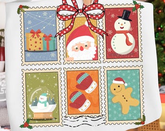 Vintage Christmas Stamp PNG, Retro Holiday Postage Stamp, Retro Santa Snowman Christmas, Cookies Christmas Png, Coquette Christmas Png