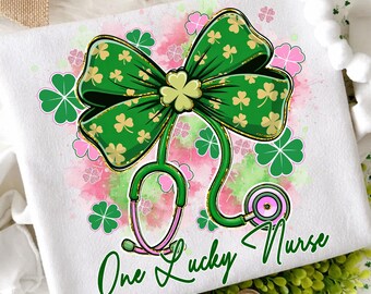 Nurse St Patricks day png, One Lucky Nurse Png, Stethoscope Bow Png, Shamrock, Digital Download