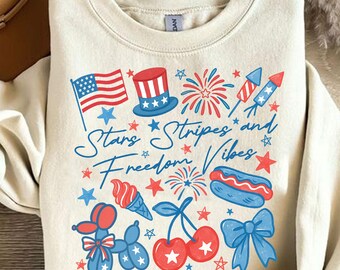 4th Of July PNG, Freedom Vibes Sublimation, Red White Blue Patriotic Clipart, Fireworks Ice Cream Hotdog Balloon Design