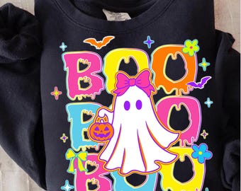 BOO Pastel Ghost PNG, Kawaii Halloween Sublimation Design, Neon Ghost PNG, Söt Girly Ghost med Rosett, Droppande BOO, Hösttröja PNG Nedladdning