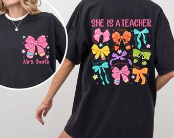 Personalized Teacher Bow PNG, She's A Teacher Quote Sublimation, Pencil Bow Clipart, Motivational School Design, PNG For Teacher Shirt