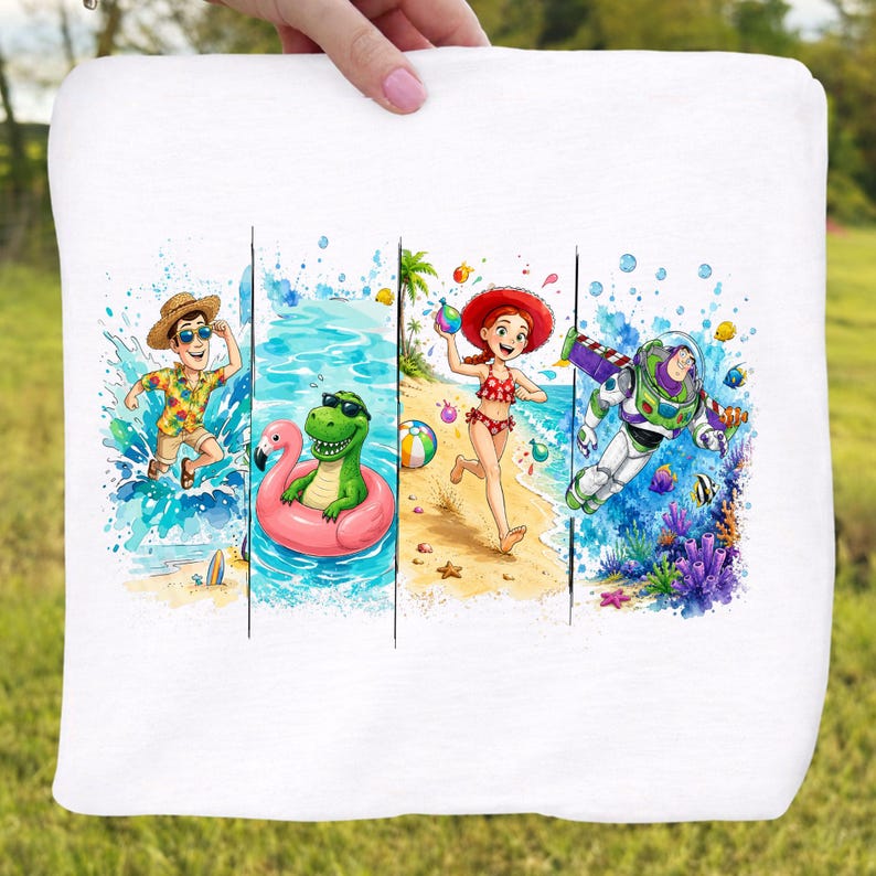 May include: White beach towel featuring four watercolor panels with cartoon characters. Panels include a man in a Hawaiian shirt, a green alligator on a pink flamingo float, a woman in a red bikini, and Buzz Lightyear in a spacesuit.