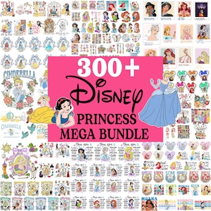 Puede incluir: Una colección de gráficos y diseños con temática de Princesas Disney. La imagen presenta varias princesas, incluyendo Cenicienta, Blancanieves y Ariel, junto con el texto "300+ Disney Princess Mega Bundle" en un fondo rosa. Los diseños incluyen ilustraciones y texto.