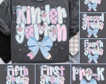 Pastel School Grade PNG Bundle, Cute Floral Bow Grade Sublimation, PreK To Fifth Grade Digital Download, Back To School Shirt Design