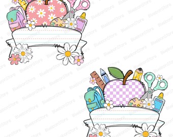 Custom Name Teacher PNG, Editable Apple Banner PNG, School Supplies Png, Back To School Png, Floral Teacher, Cute Pink Blue Classroom Png