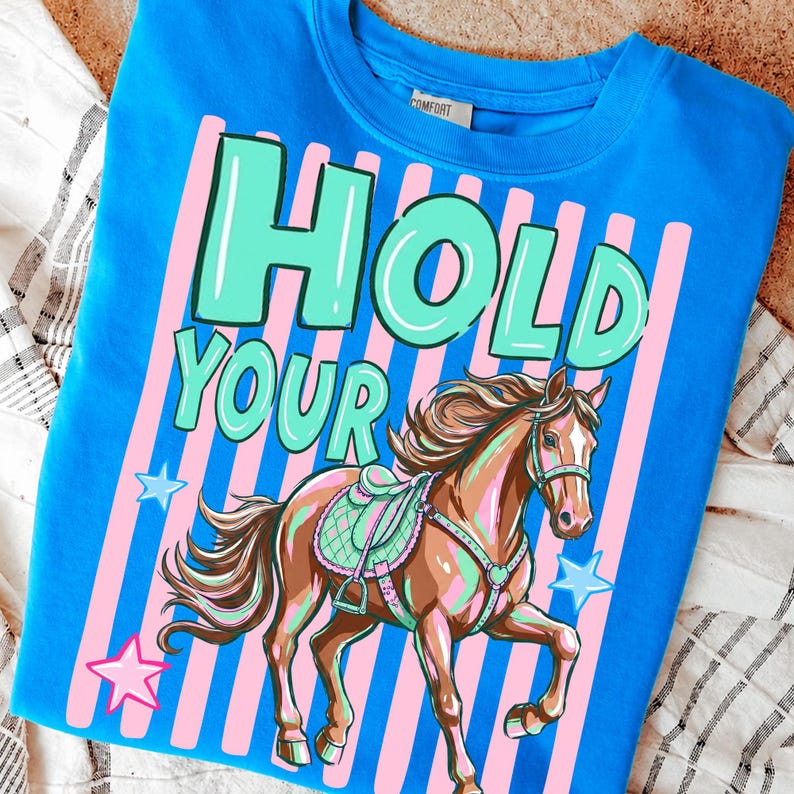 May include: A blue sweatshirt with the words "HOLD YOUR" in large, turquoise letters. Below the text is a brown horse with a saddle and bridle. Pink stripes and stars decorate the background.