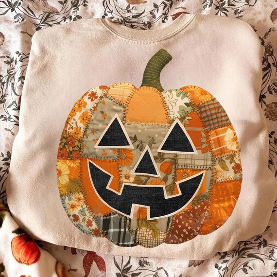 Vintage Patchwork Pumpkin Png, Quilted Halloween Sublimation Design, Rustic Jack O Lantern Fall Fabric Png, Autumn Cozy Shirt Png