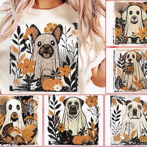 Pu&ograve; includere: T-shirt color crema con grafica di un cane vestito da fantasma, circondato da fiori e foglie arancioni. Una zucca &egrave; ai piedi del cane. Il design ha un aspetto vintage e leggermente usurato, perfetto per Halloween.