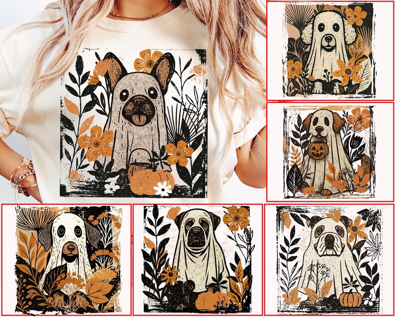 Pu&ograve; includere: T-shirt color crema con grafica di un cane vestito da fantasma, circondato da fiori e foglie arancioni. Una zucca &egrave; ai piedi del cane. Il design ha un aspetto vintage e leggermente usurato, perfetto per Halloween.