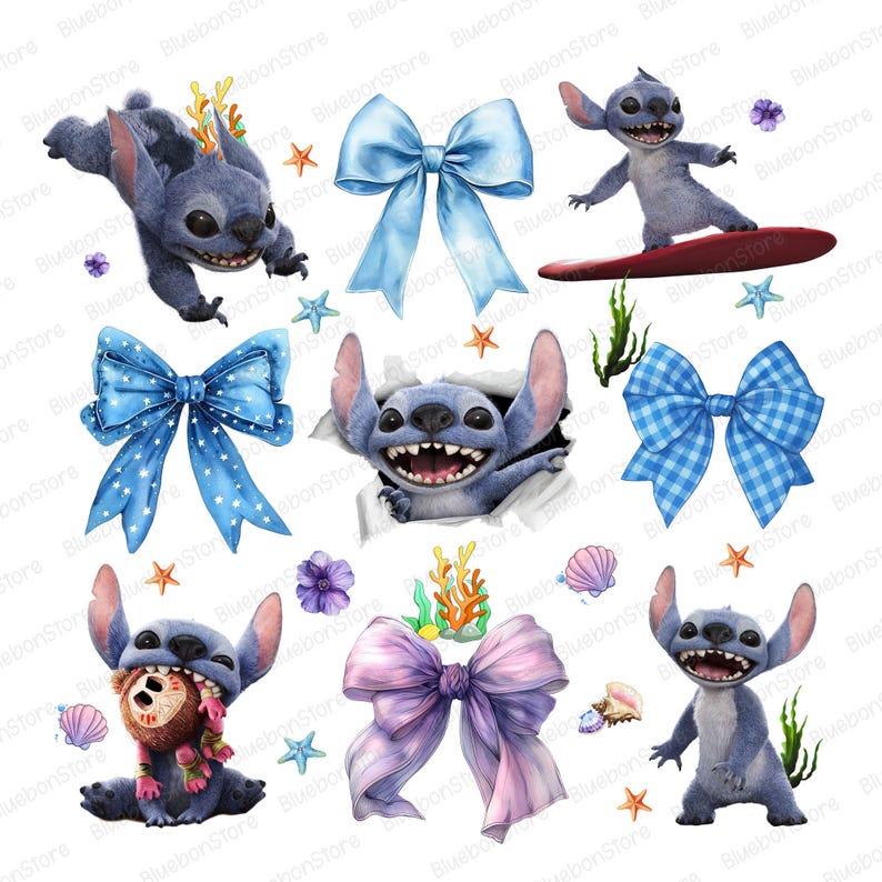 May include: A collection of watercolor illustrations featuring the character Stitch from Lilo & Stitch. The images include Stitch in various poses, along with blue bows, starfish, and floral elements. The overall theme is playful and whimsical.