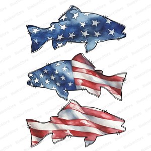 May include: Three watercolour fish illustrations. The top fish is blue with white stars. The middle fish is designed with the American flag. The bottom fish is red and white striped. Each fish has a black outline.