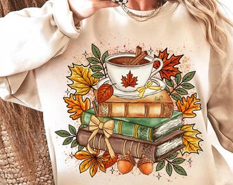 Livros retrô de outono em PNG, pilha de livros de café de outono para sublimação, outono aconchegante em PNG, folhas de caneca de chocolate quente em PNG, design de camiseta com especiarias de abóbora