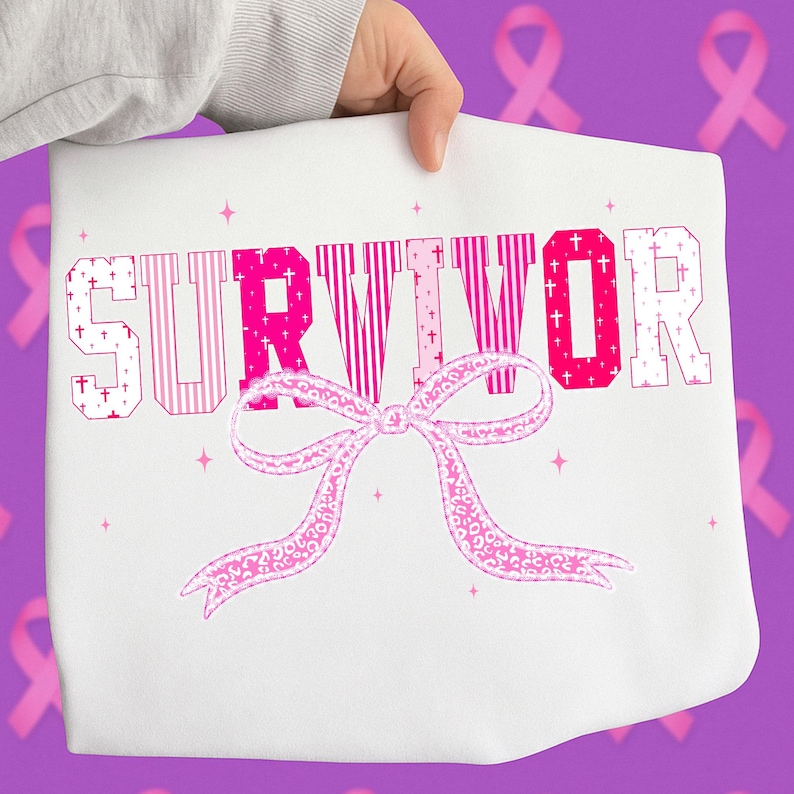 May include: White tote bag with the word "SURVIVOR" in pink, with a pink ribbon design below the text. The letters have different patterns, including stripes and crosses. The background is purple with pink ribbons.