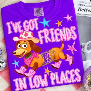 May include: A bright purple t-shirt featuring a graphic of a brown dachshund toy with a metal spring body, wearing a pink cowboy hat, a pink bandana, and pink cowboy boots. The text reads I'VE GOT FRIENDS IN LOW PLACES with colorful stars.