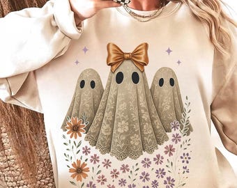 Flower Ghost Png, Floral Halloween Ghost Png, Vintage Cute Ghost Trio Sublimation, Pastel Fall Spooky Season Shirt Design