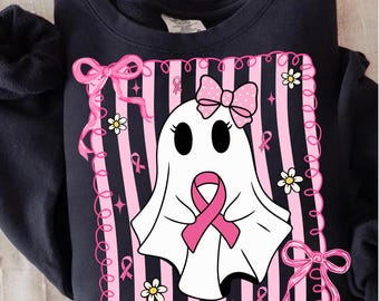 Breast Cancer Ghost Png, Pink Ribbon Ghost Sublimation, Coquette Halloween Awareness Design, Spooky Cute Support Png, Digital Download