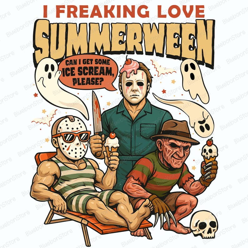 May include: A graphic illustration featuring horror movie characters enjoying ice cream. The text reads "I Freaking Love Summerween." Jason Voorhees relaxes in a beach chair, while Michael Myers and Freddy Krueger are also present. A speech bubble says "Can I get some ice scream, please?"