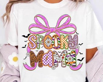 Preppy Spooky Mama Png, Halloween Mom Shirt Sublimation, Cute Pastel Halloween Png, Bow Halloween Design, Spooky Season Retro Png File